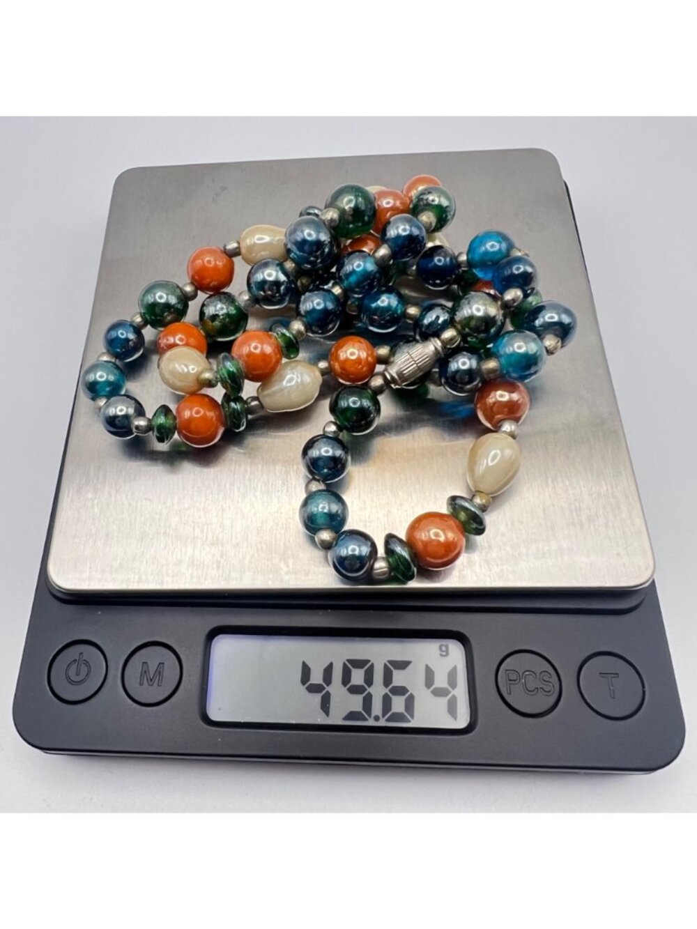 Vintage Glass Bead Necklace Blue Green Orange Cream Artisan 23" Barrel Clasp - Picture 6 of 8